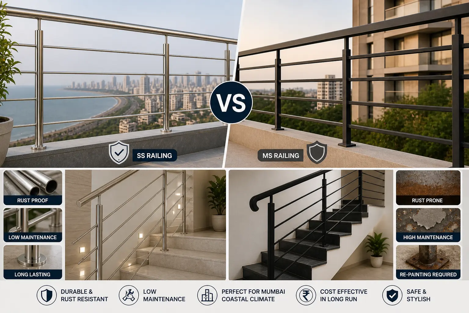 SS vs MS Railing in Mumbai & Thane — Which One Should You Choose? (2025 Guide)